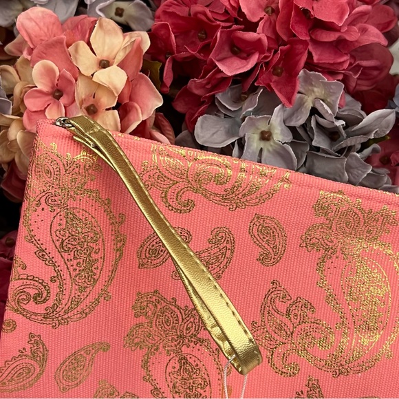 Coral Pink & Metallic Gold Pineapple Makeup Cosmetic Wristlet Clutch Bag - Picture 6 of 10